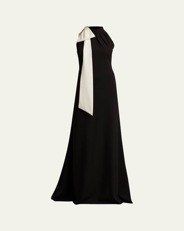 Sleeveless Mock-Neck Bow Crepe Gown